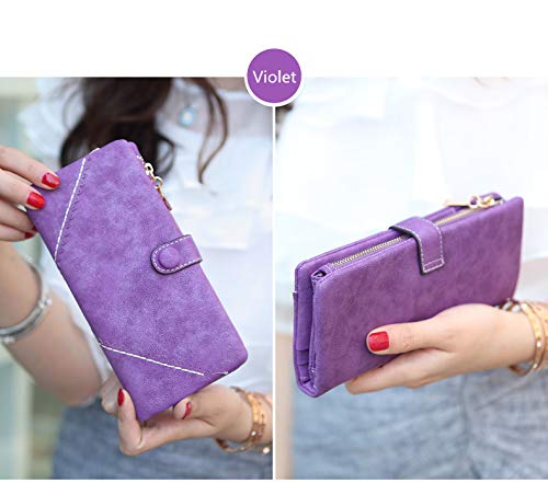 Bird&Fish Women Vegan Leather Wallet Bifold Clutch Large Capacity Card Organizer Buckle Long Purse for Girls Candy Color (Purple) … - Image 4