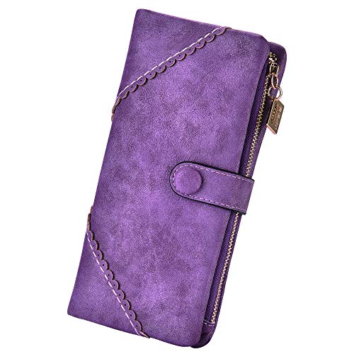 Bird&Fish Women Vegan Leather Wallet Bifold Clutch Large Capacity Card Organizer Buckle Long Purse for Girls Candy Color (Purple) … - Image 1