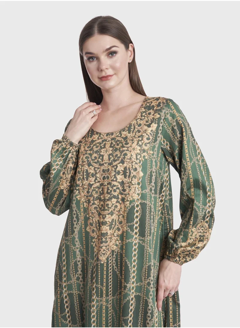 كشخة Digital Baroque and Chain Print Cotton Satin Jalabiya