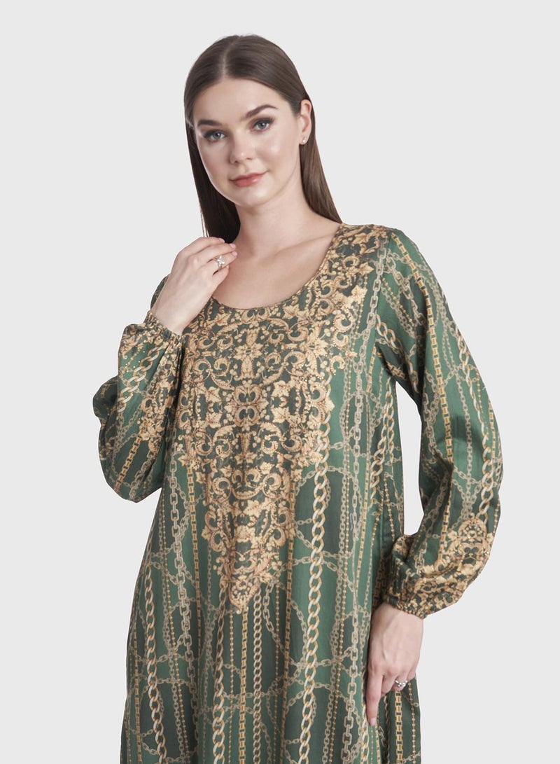 كشخة جلابية قطن ساتان بطبعة الباروك والسلاسل الرقمية - Image 1