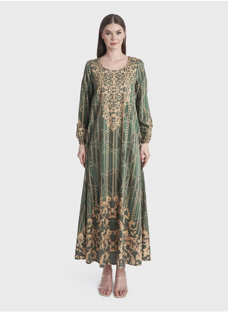 كشخة Digital Baroque and Chain Print Cotton Satin Jalabiya