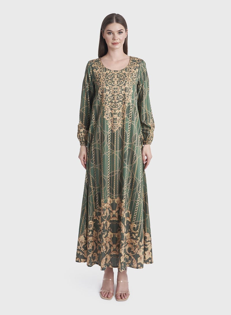 كشخة جلابية قطن ساتان بطبعة الباروك والسلاسل الرقمية - Image 2