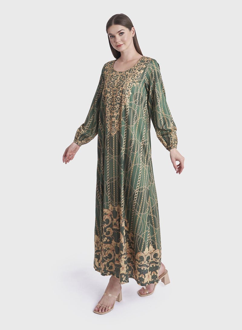 كشخة جلابية قطن ساتان بطبعة الباروك والسلاسل الرقمية - Image 3