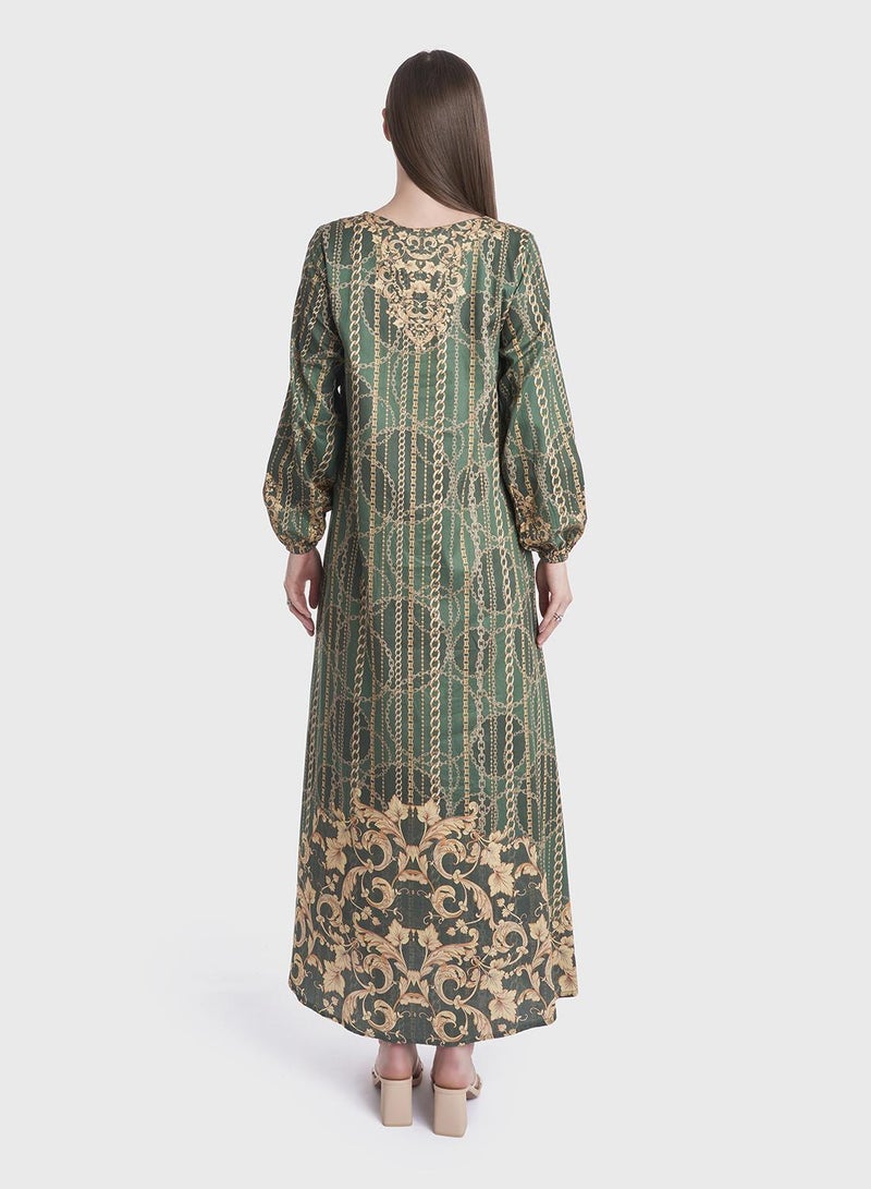 كشخة جلابية قطن ساتان بطبعة الباروك والسلاسل الرقمية - Image 4