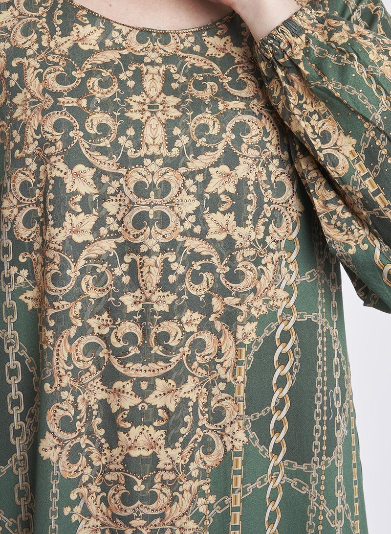 كشخة جلابية قطن ساتان بطبعة الباروك والسلاسل الرقمية - Image 5