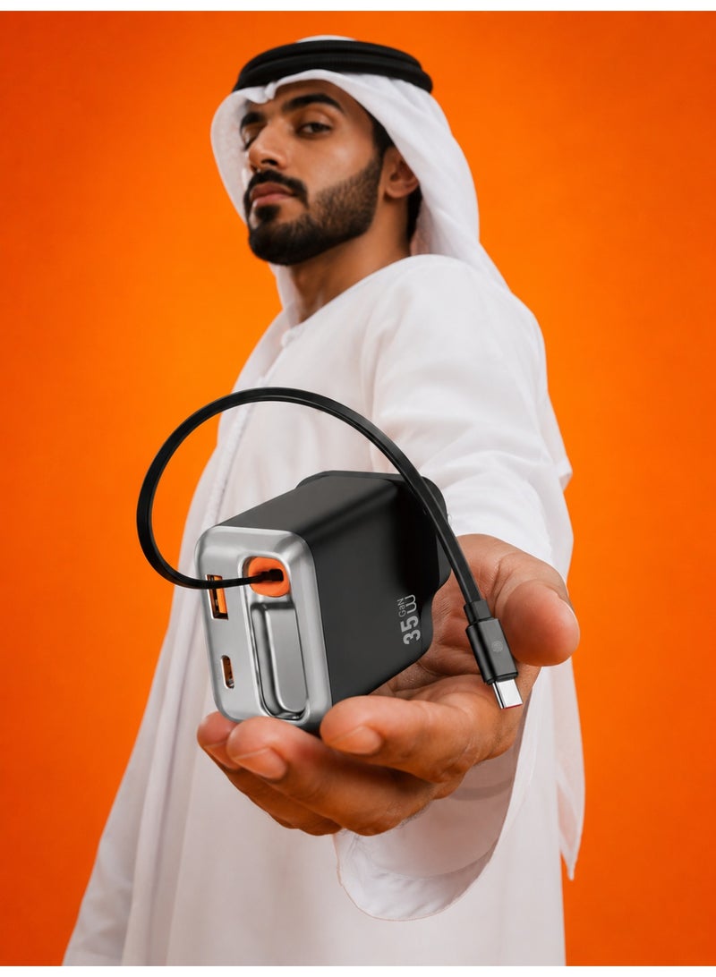 FIFTH ELEMENT HELIX​ Helix 35W GaN Charger with Built-In 70cm Retractable USB-C Cable & Extra USB Ports – Black - Image 4
