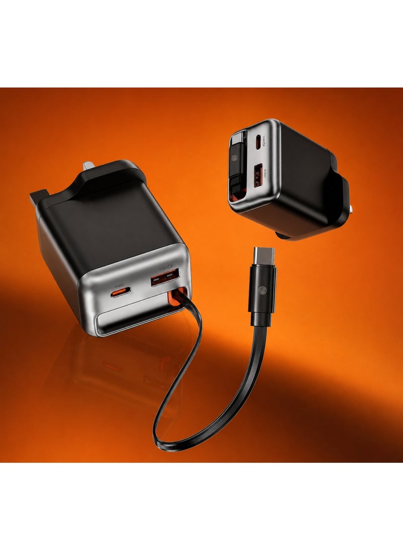 FIFTH ELEMENT HELIX​ Helix 35W GaN Charger with Built-In 70cm Retractable USB-C Cable & Extra USB Ports – Black - Image 5