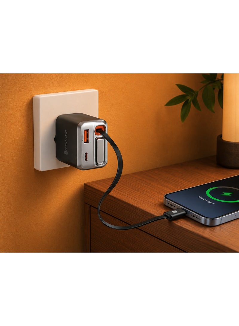FIFTH ELEMENT HELIX​ Helix 35W GaN Charger with Built-In 70cm Retractable USB-C Cable & Extra USB Ports – Black - Image 2