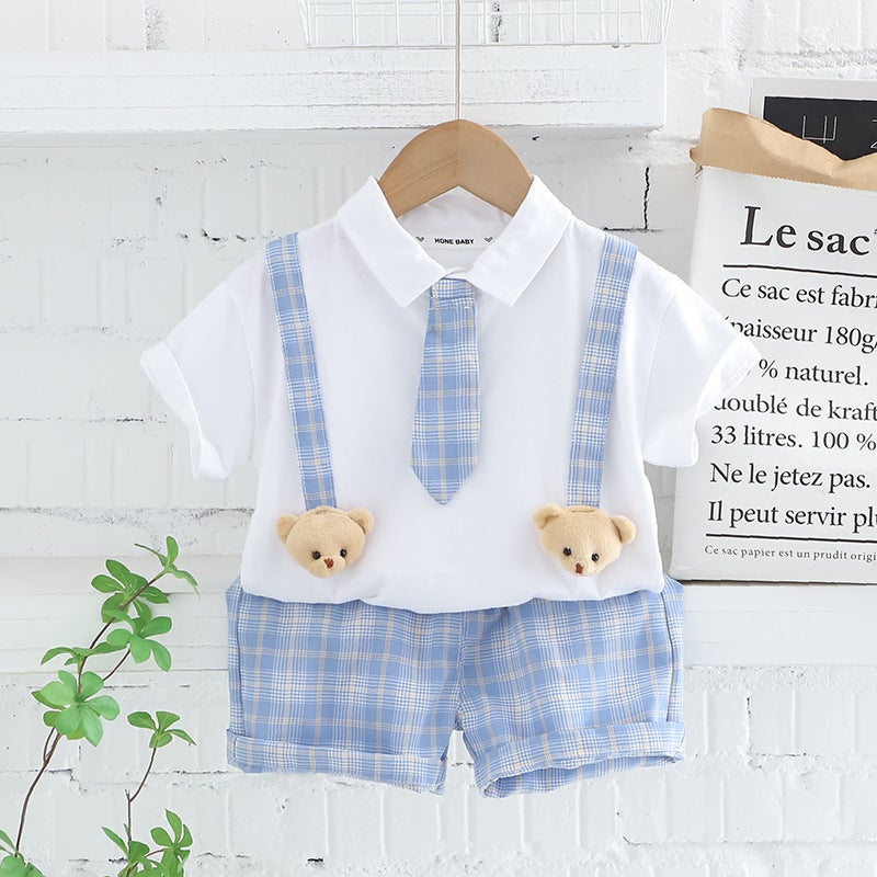 Childrens clothing childrens shirt two-piece set new short-sleeved boys loose top lapel cartoon shirt casual pants suit Blue