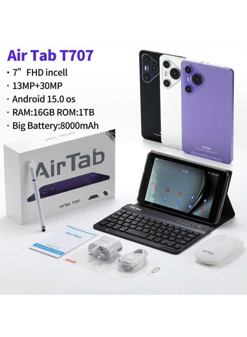 AirTab T707 Smart Tablet with Arabic Keyboard, 7 inch FHD Screen 16GB RAM 1TB ROM - with Powerful 8000mAh Battery Black