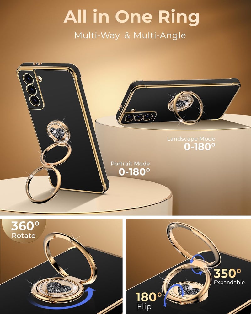 XYZ for Galaxy S21 Plus Case with Stand, Phone Case with Double Ring Kickstand, Women Girls Bling Luxury Protective Phone Cover Heart for Samsung S21 Plus, Black - Image 3