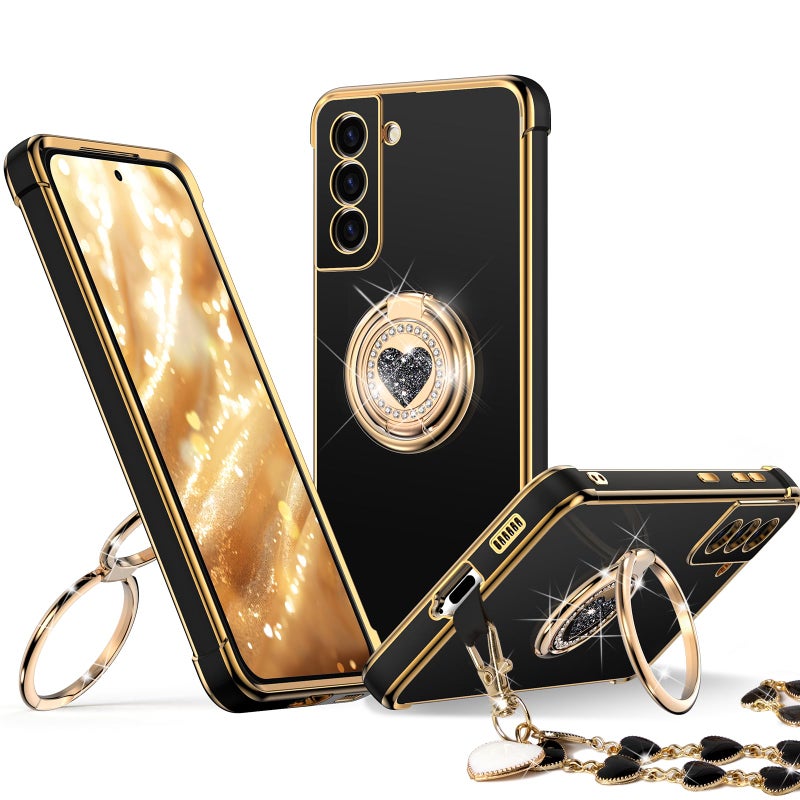 XYZ for Galaxy S21 Plus Case with Stand, Phone Case with Double Ring Kickstand, Women Girls Bling Luxury Protective Phone Cover Heart for Samsung S21 Plus, Black - Image 1