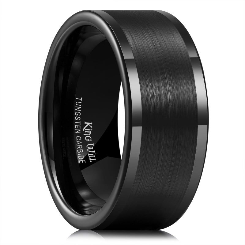 King Will Men's Black Tungsten Carbide Ring, 10mm Brushed Matte Flat Cut Wedding Band, Comfort Fit, Size 9.5 - Image 1