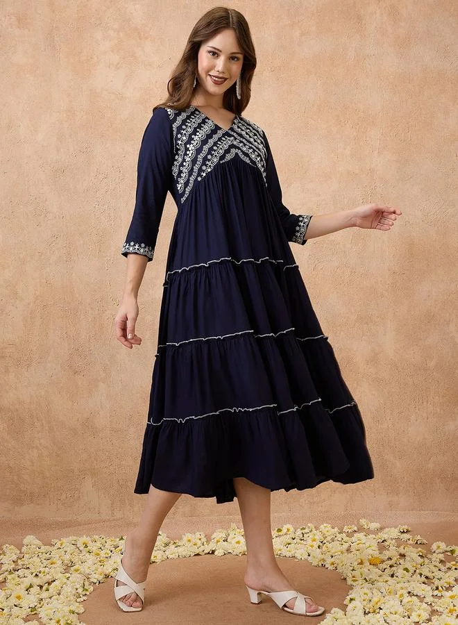globus Globus Navy Embroidered Yoke Alia Cut Ethnic Midi Dress