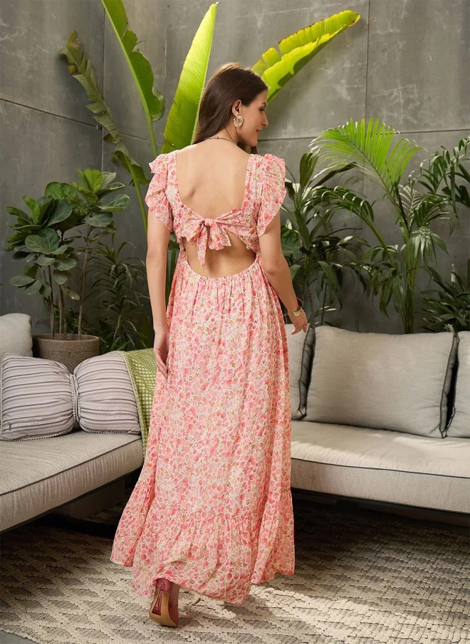 SASSAFRAS Floral Print Georgette Maxi Dress for Women