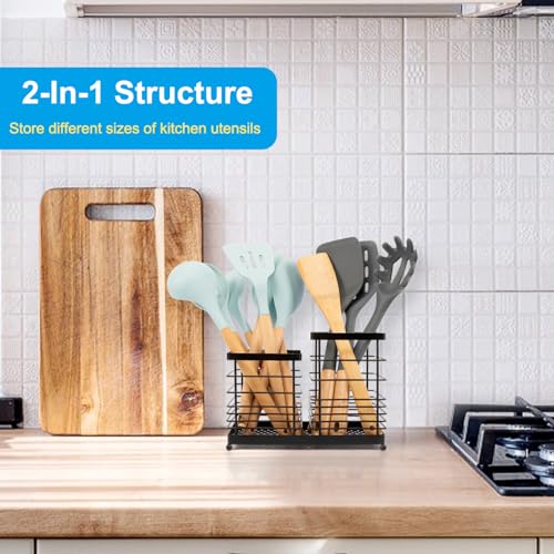 RedCall Utensil Holder for Countertop,Stainless Steel Kitchen Holder,2-In-1 Spoon Spatula Holder for Kitchen Counter,Large Wire Utensils Organizer,Black Cooking Tool Holder Storage Crock (2 Compartment) - Image 2