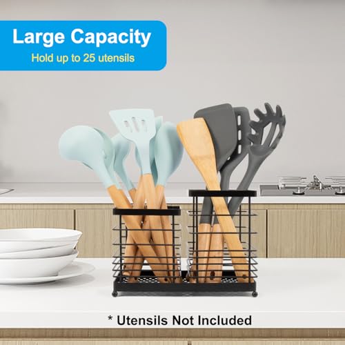 RedCall Utensil Holder for Countertop,Stainless Steel Kitchen Holder,2-In-1 Spoon Spatula Holder for Kitchen Counter,Large Wire Utensils Organizer,Black Cooking Tool Holder Storage Crock (2 Compartment) - Image 3