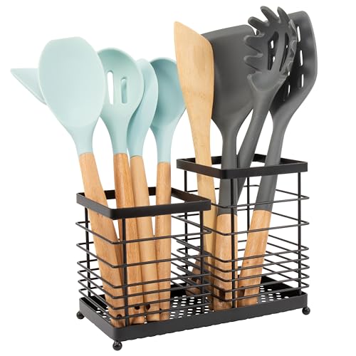 RedCall Utensil Holder for Countertop,Stainless Steel Kitchen Holder,2-In-1 Spoon Spatula Holder for Kitchen Counter,Large Wire Utensils Organizer,Black Cooking Tool Holder Storage Crock (2 Compartment) - Image 1