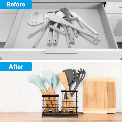 RedCall Utensil Holder for Countertop,Stainless Steel Kitchen Holder,2-In-1 Spoon Spatula Holder for Kitchen Counter,Large Wire Utensils Organizer,Black Cooking Tool Holder Storage Crock (2 Compartment) - Image 4