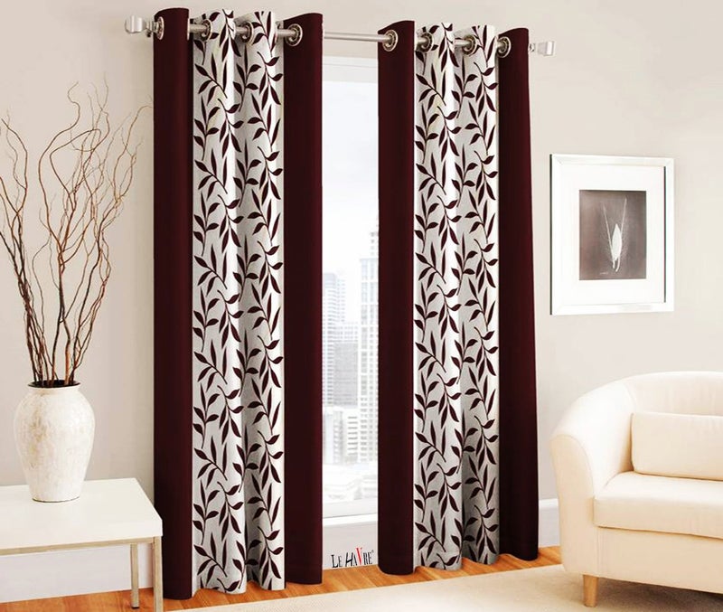 Milan Polyester Floral Window Curtain, Long Window 6 Feet, Brown, Pack of 2 - Image 1