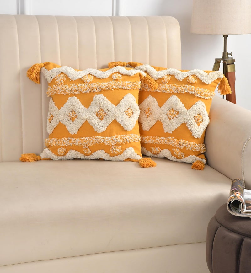 TIB Premium Boho Decorative Throw Cushion Covers, 16 x 16 cm, Set of 2, Cotton. (Yellow Abstract)-230 TC - Image 1