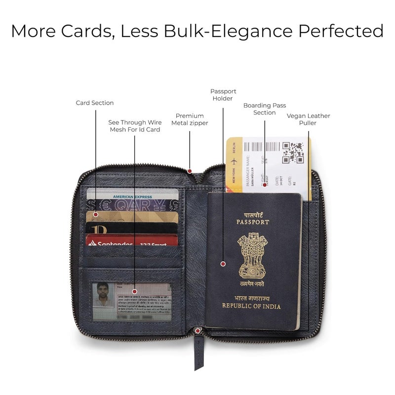 EUME Zen Passport Holder for Men & Women, Midnight Blue | Bifold Premium Vegan Leather | 6 Card Slots, 1 Compartment, 2 Pockets | Zippered Passport Pouch | Travel Document Organiser | Passport Cover - Image 4