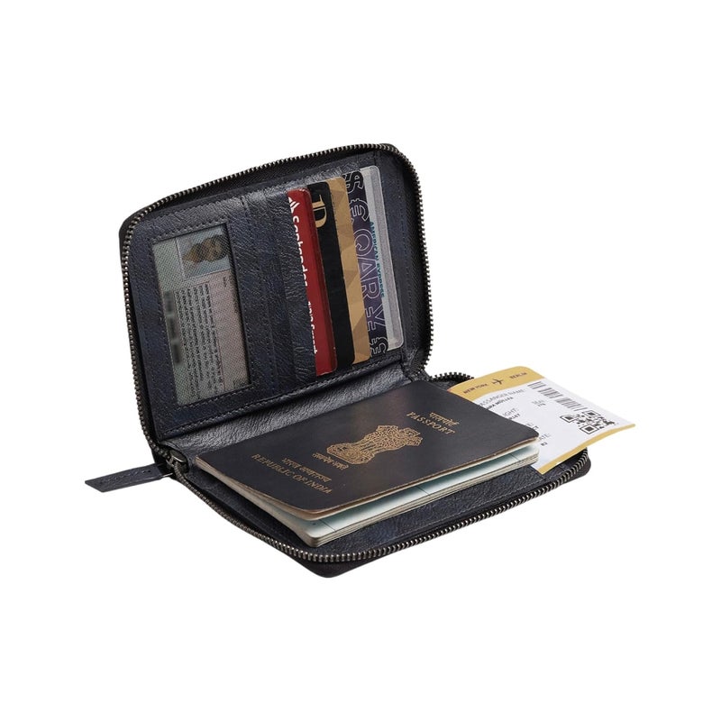 EUME Zen Passport Holder for Men & Women, Midnight Blue | Bifold Premium Vegan Leather | 6 Card Slots, 1 Compartment, 2 Pockets | Zippered Passport Pouch | Travel Document Organiser | Passport Cover - Image 5