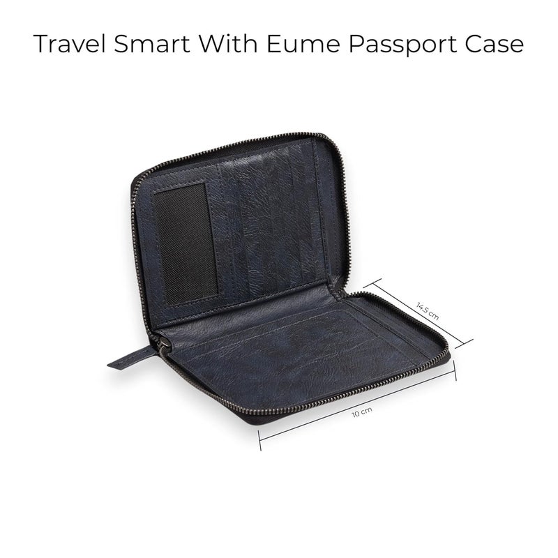 EUME Zen Passport Holder for Men & Women, Midnight Blue | Bifold Premium Vegan Leather | 6 Card Slots, 1 Compartment, 2 Pockets | Zippered Passport Pouch | Travel Document Organiser | Passport Cover - Image 3