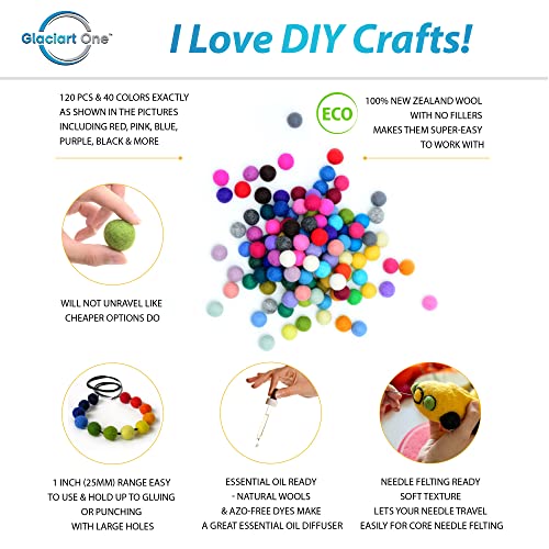 Glaciart One Felt Pom Poms, Wool Balls (120 Pieces) 2.5cm – 1 Inch, Handmade Felted 40 Color (Red, Pink, Blue, Yellow, Gray, Black, White, Pastel and More) Bulk Small Puff for Felting and Garland - Image 2