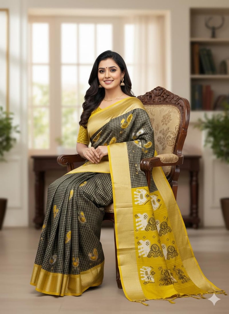 Vivatra Women Banarasi Soft Silk Saree | Jacquard Weaving with Rich Pallu & Border | Includ Matching Utitched Blouse Piece (VT-KP-6005-Black_Yellow) - Image 5