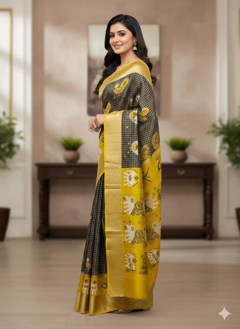 Vivatra Women Banarasi Soft Silk Saree | Jacquard Weaving with Rich Pallu & Border | Includ Matching Utitched Blouse Piece (VT-KP-6005-Black_Yellow) - Image 3