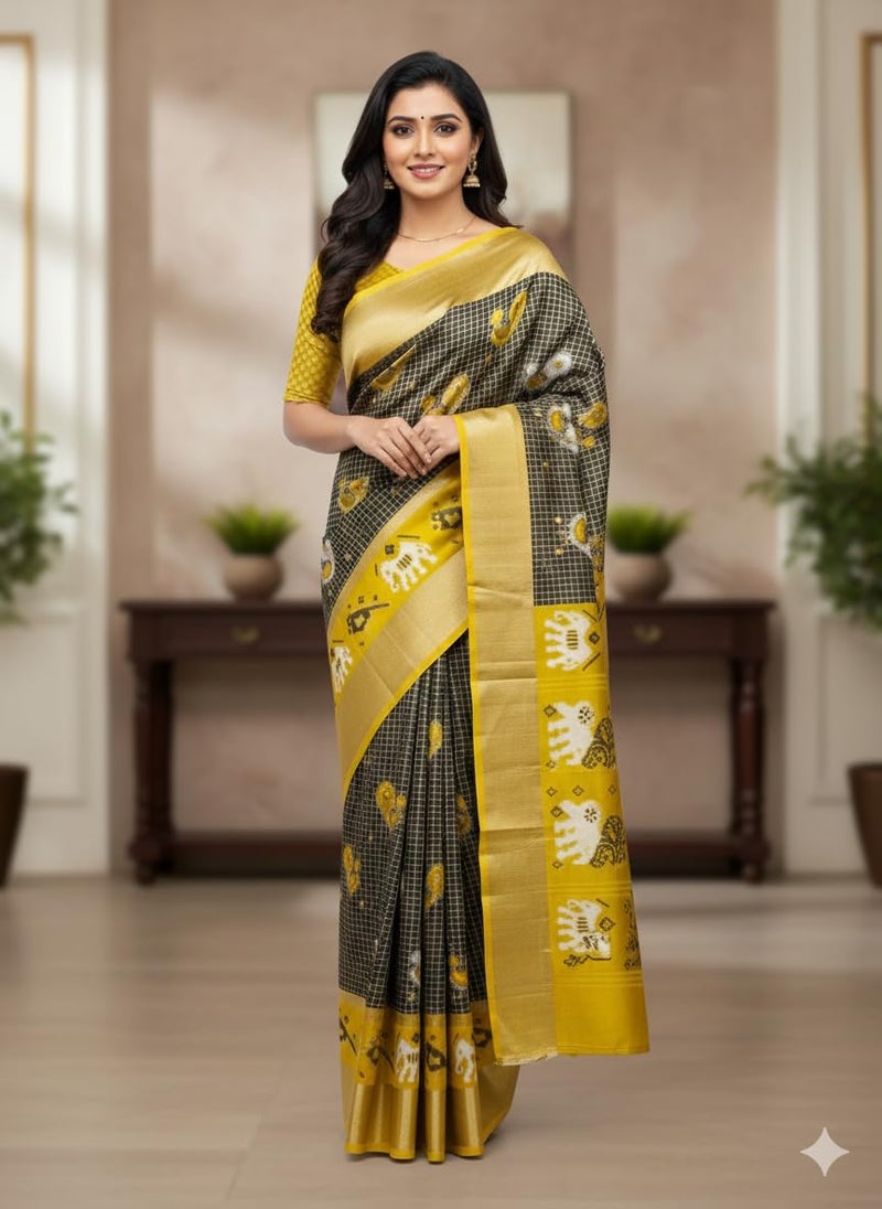 Vivatra Women Banarasi Soft Silk Saree | Jacquard Weaving with Rich Pallu & Border | Includ Matching Utitched Blouse Piece (VT-KP-6005-Black_Yellow) - Image 2