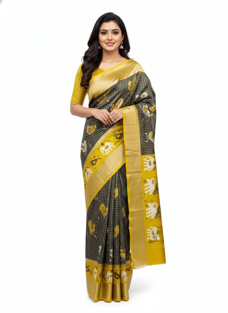 Vivatra Women Banarasi Soft Silk Saree | Jacquard Weaving with Rich Pallu & Border | Includ Matching Utitched Blouse Piece (VT-KP-6005-Black_Yellow) - Image 1