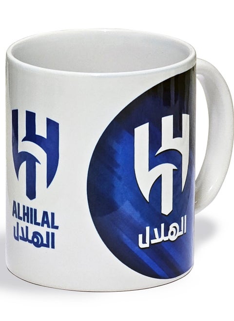 A ceramic cup with the Al Hilal logo and a picture of the leader of the Saudi clubs white/blue