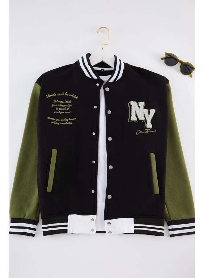 trendyol Black Regular Cut Embroidered Detailed College Jacket TMNAW25CE00005  - Image 1