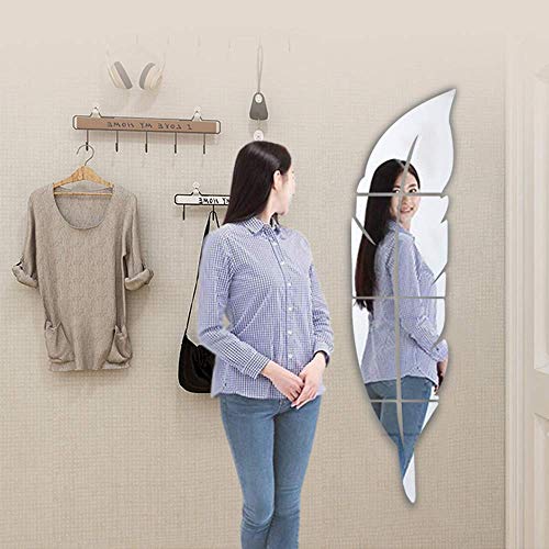 SITAKE 3D Acrylic Mirror Wall Decor Stickers, 11.8x49.2 Inches Feather Shaped DIY Self-Adhesive Wall Art Decals, Home Decorations for Living Room, Bedroom, Bathroom, Farmhouse (Silver) - Image 3