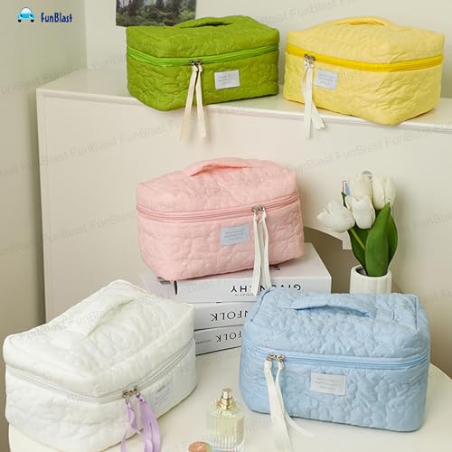 FunBlast Makeup Bag Travel Cosmetic Bag Cute Cotton Toiletry Bag Quilted Flower Organizer Bag Large Capacity Handheld Portable Storage Zipper Purse for Women (Green) - Image 4