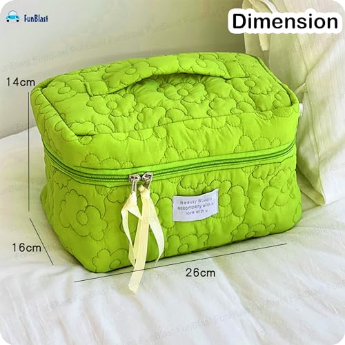 FunBlast Makeup Bag Travel Cosmetic Bag Cute Cotton Toiletry Bag Quilted Flower Organizer Bag Large Capacity Handheld Portable Storage Zipper Purse for Women (Green) - Image 3