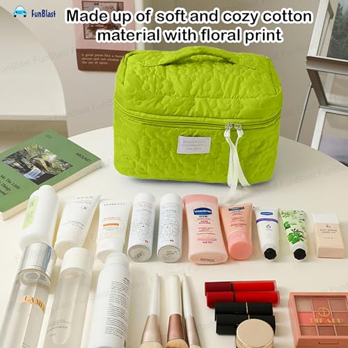 FunBlast Makeup Bag Travel Cosmetic Bag Cute Cotton Toiletry Bag Quilted Flower Organizer Bag Large Capacity Handheld Portable Storage Zipper Purse for Women (Green) - Image 5
