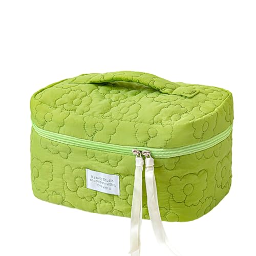 FunBlast Makeup Bag Travel Cosmetic Bag Cute Cotton Toiletry Bag Quilted Flower Organizer Bag Large Capacity Handheld Portable Storage Zipper Purse for Women (Green) - Image 1