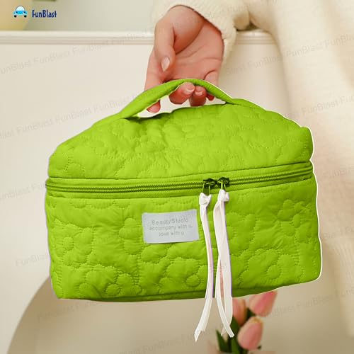 FunBlast Makeup Bag Travel Cosmetic Bag Cute Cotton Toiletry Bag Quilted Flower Organizer Bag Large Capacity Handheld Portable Storage Zipper Purse for Women (Green) - Image 2