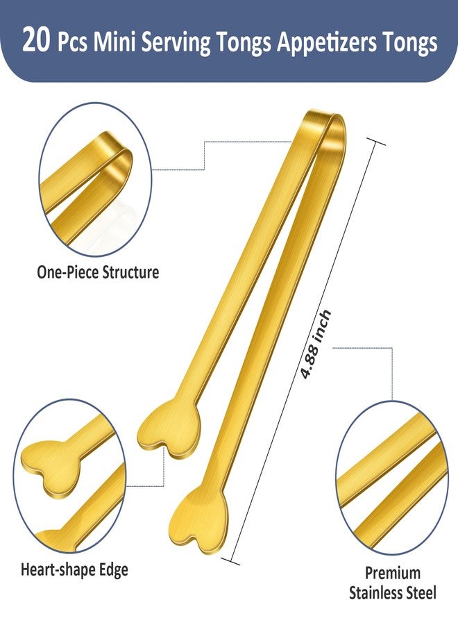 Lazycorner 20-Packs Mini Serving Tongs, Stainless Steel Sugar Appetizers Tongs Mental Kitchen Tongs for Serving Food (5inch，Gold) - Image 3