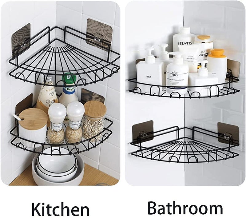 HBD SALES HBD SALES Metal Multipurpose Storage Organizer Corner Stand for Kitchen and Bathroom Shelf Rack Bathroom Accessory Triangle Wall Mount Storage Basket with 2 Stickers Black 1 Piece  - Image 3