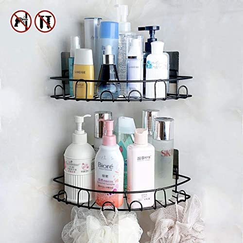 HBD SALES HBD SALES Metal Multipurpose Storage Organizer Corner Stand for Kitchen and Bathroom Shelf Rack Bathroom Accessory Triangle Wall Mount Storage Basket with 2 Stickers Black 1 Piece  - Image 2