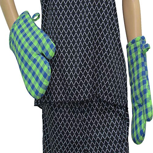 PIXEL HOME DECOR PIXEL HOME Cotton Microwave Oven Mitten for Microwave - Set of 2 PCS Oven Glove - Heat Resistant (Colour-Green & Blue Check) - Image 2