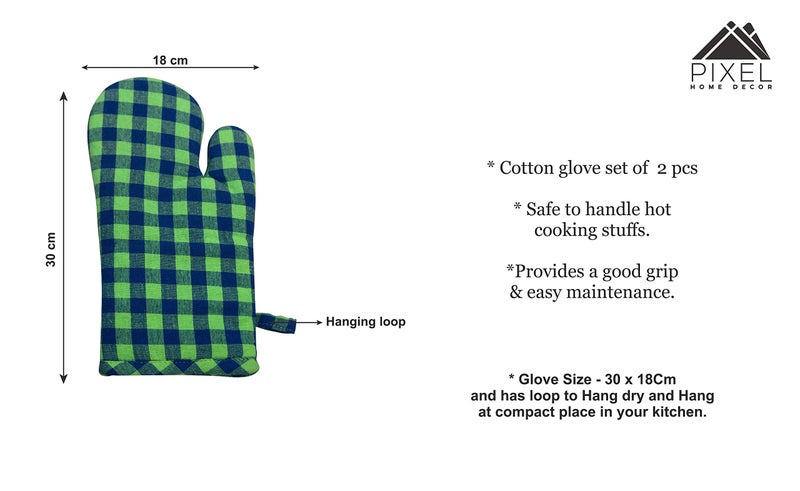 PIXEL HOME DECOR PIXEL HOME Cotton Microwave Oven Mitten for Microwave - Set of 2 PCS Oven Glove - Heat Resistant (Colour-Green & Blue Check) - Image 3