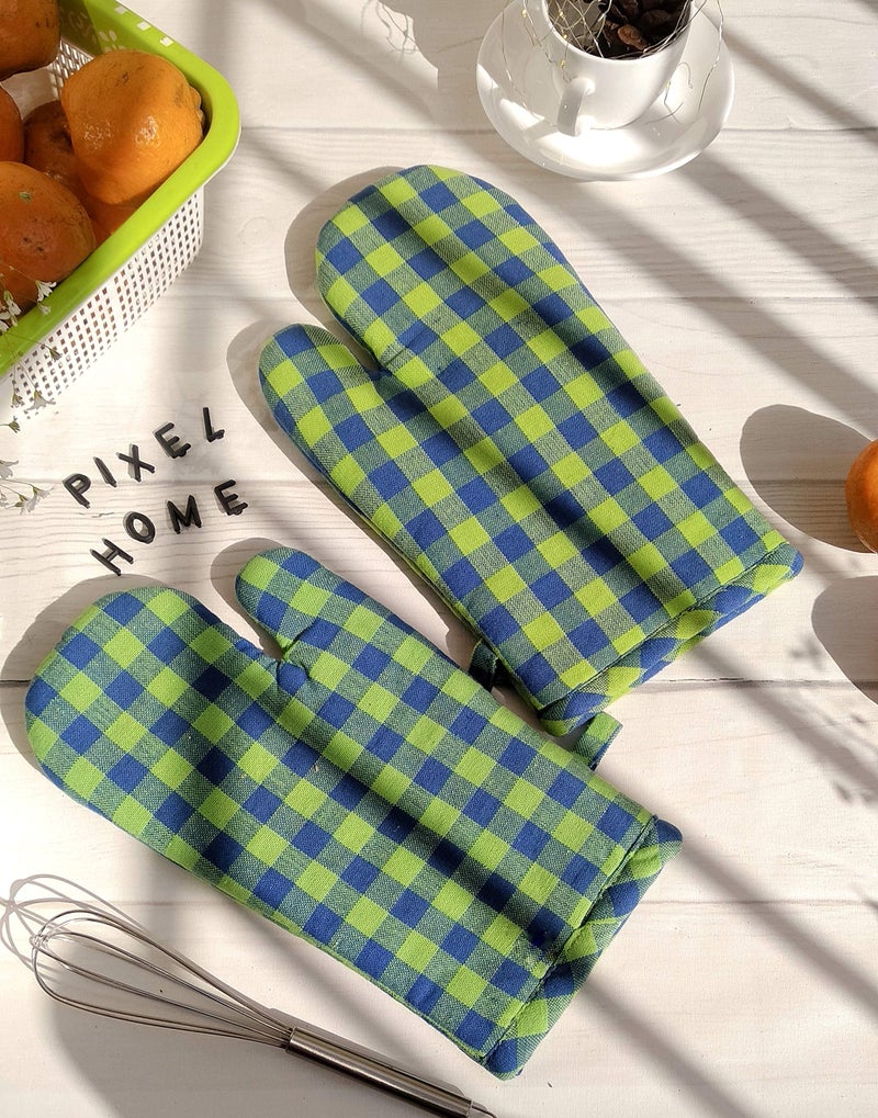 PIXEL HOME DECOR PIXEL HOME Cotton Microwave Oven Mitten for Microwave - Set of 2 PCS Oven Glove - Heat Resistant (Colour-Green & Blue Check) - Image 1