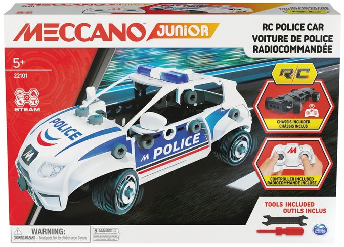 Meccano Junior, RC Police Car with Working Trunk and Real Tools, Toy Model Building Kit, STEM Toys for Kids Ages 5 and up - Image 1