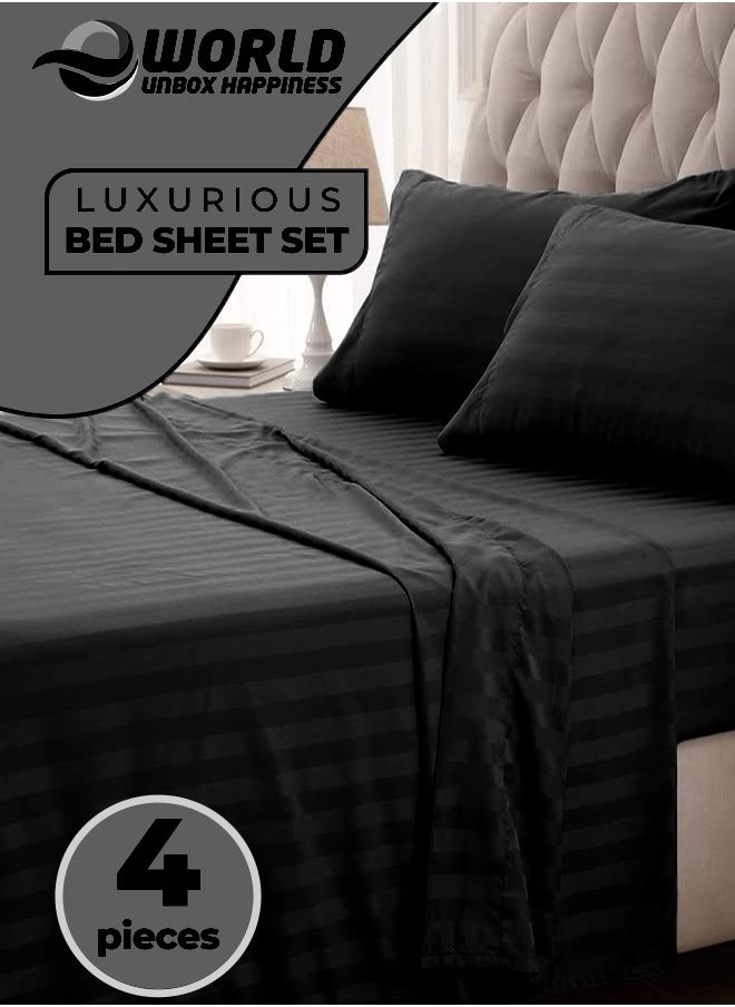 Eworld 4-Piece Luxury Black Striped Bedding Set Includes 1 Regular Bedsheet, 1 Fitted Bed Sheet, and 2 Pillow Cases for Ultimate Hotel-Inspired Sophistication in King, Queen and Single Sizes  - Image 1