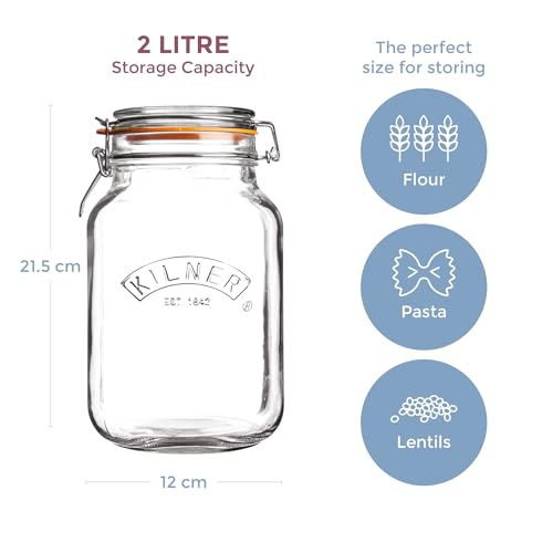 Kilner Premium 2L Airtight Square Clip Top Glass Jar for Food Storage, Biscuits, Cereals, Pulses | Multipurpose, BPA Free, Reusable Kitchen Container - Image 2